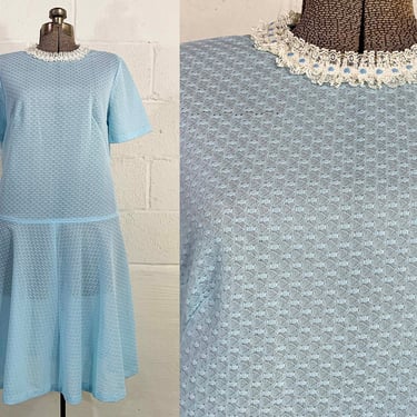 Vintage Baby Blue Drop Waist Dress 60s Mod Lace Trim Scooter Twiggy Short Sleeve 1960s Mid-Century Wedding Prom Large 