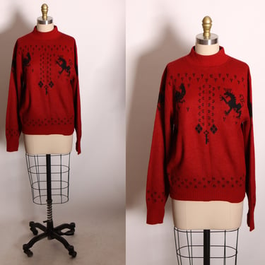 1960s Dark Red and Black Novelty Mythical Phoenix and Griffith Long Sleeve Knit Pullover Sweater by Puritan -L 