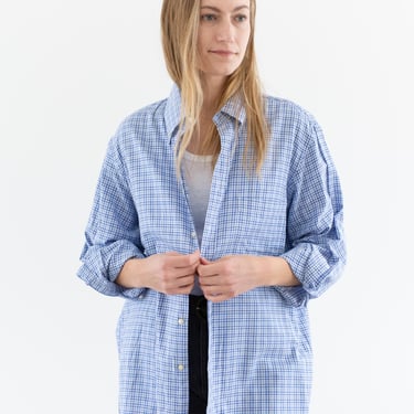 Vintage Light Blue Plaid Button up Shirt | Unisex Fioravante Made in Italy 100 Cotton Windowpane Grid Work Studio Tunic | M L | 