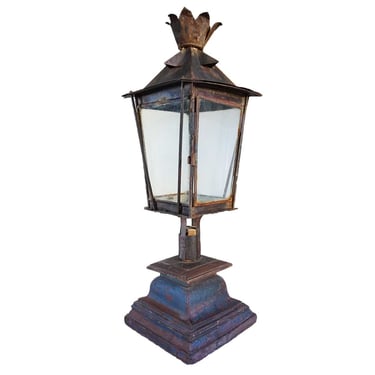 Anglo Indian Painted Toleware Post Lantern on Teak Base 