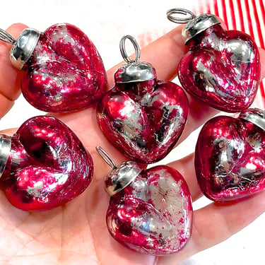 VINTAGE: 5pcs - Small Thick Mercury Glass Heart Ornaments - Heavyweight Kugel Style Ornaments - Unique Find - SKU 
