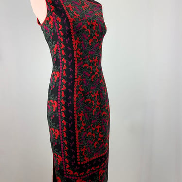 Vintage Cheongsam Dress - Asymmetrical Floral - Black Satin Lined - Hand Sewn Details -  Side Zipper & Snap Closure - Size Medium 