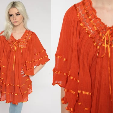Red Boho Blouse Angel Sleeve Top Mexican Shirt Crochet Sheer Cotton Gauze Tunic Lace Hippie Tent Bohemian Small Medium Large 
