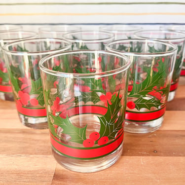 Set of 10 Holly Lowball Tumblers by Libbey. Vintage Christmas Barware. Retro Holiday Old Fashioned Whisky Glasses. 