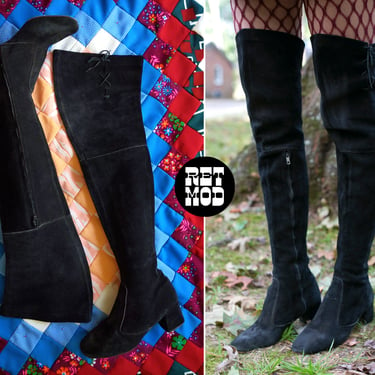 US 8 - SEXY VINTAGE 60s 70s Black Suede Thigh High Boots with Lace Up Sides 