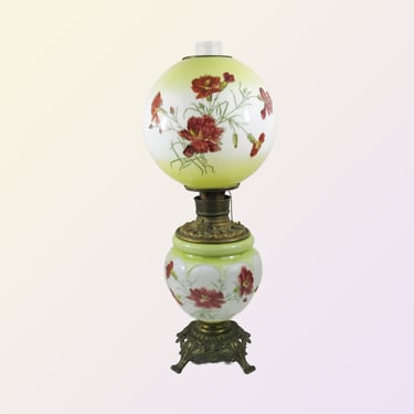 Victorian Gone with the Wind Lamp - Electrified / Rewired - Yellow with Red Carnations - Floral - 24.5