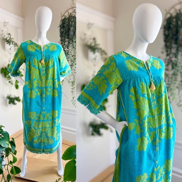 Vintage 1960s 1970s Coverup | 60s 70s Psychedelic Towel Floral Lime Green Turquoise Beach Swim Swimsuit Pool Cover Up Maxi Robe Dress (xs-m) 
