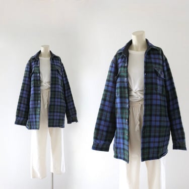 insulated wool flannel jacket - vintage 90s y2k blue unisex mens plaid rustic camping cabin shacket 