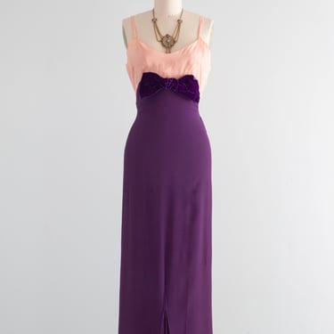 Fabulous 1930's Purple &amp; Pink Rayon Crepe Evening Gown / XS