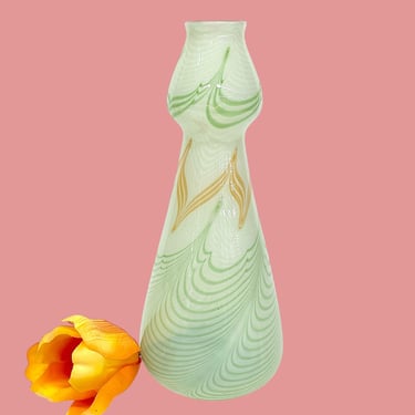 Vintage Stevens & Williams Vase Retro 1930s Art Nouveau + Handblown + Art Glass + Mint Green and Orange + Pulled Feather Design + Home Decor 