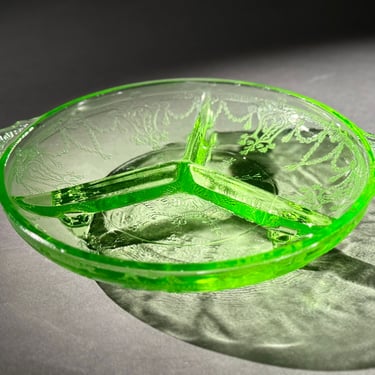 Vintage Anchor Hocking Divided Cameo Relish Dish in Uranium Glass with Etched Ballerina Pattern 