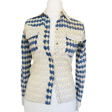 1970s Cotton Gauze Blue & Ivory Printed Blouse