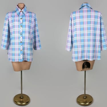 VINTAGE 70s Pink and Blue Plaid Button Down Shirt | 1970s Butterfly Collar Jacket | Trans Pride Colors | Dark Academia Style Top | XL vfg 