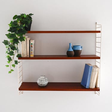 Vintage Scandinavian “Hylla” Wall Shelf in Mahogany and White Metal Frame, 1960s 