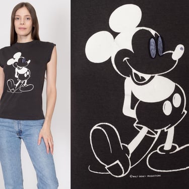 XS-Sm 80s Mickey Mouse Black Muscle T Shirt | Vintage Disney Cartoon Graphic Sleeveless Tee 