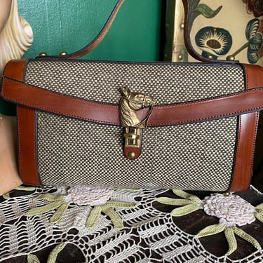 Reserved // 1950s Handbag // John Romain Equestrian Leather & Tweed Purse // vintage 50s handbag 