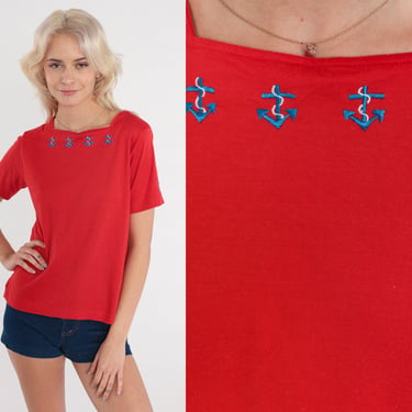 80s Nautical Shirt -- Red Anchor Top Sailor Shirt Retro Tee Vintage 1980s Fitted TShirt Short Sleeve Embroidered Single Stitch Small S 