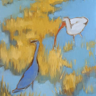 Blue Heron and Ibis-Giclee-Fine Art Reproduction Print-Archival-Birds-Mid Century-Retro Art-Modern 