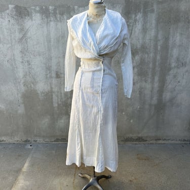 Antique Edwardian White Black Polka Dot Calico Print Dress Cotton Work Vintage