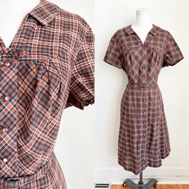 Vintage 1950s Brown Plaid Belted Cotton Dress / L 