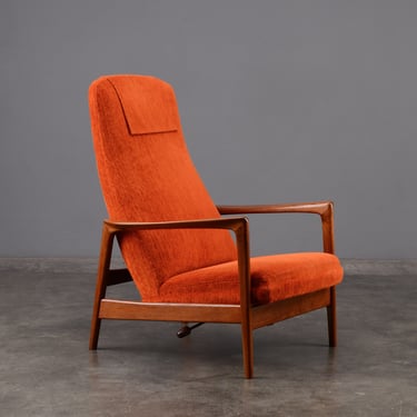Folke Ohlsson Mid-Century Modern Lounge Chair Recliner Orange Chenille 