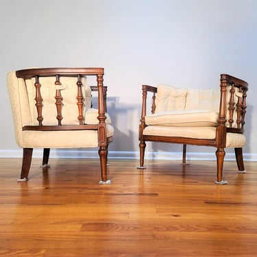 Vintage Pair of Spindle Upholstered Wood Lounge Chairs 