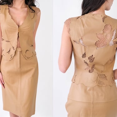Vintage 90s Richard Tyler Couture Tan Leather Macrame Embroidered Vest & Skirt Set | Made in USA | 100% Genuine Leather | 1990s Designer Set 