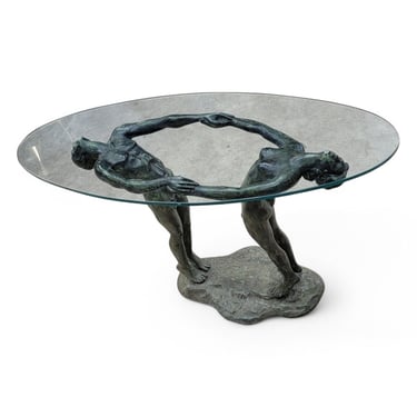 Vintage Art Deco Bronze Maude Sherwood Jewett Attributed "Man & Woman" Base with Oval Glass Top Table