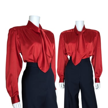 Vintage Red Satin Blouse, Large / Silky Tie Collar Blouse / Dressy 1940s Style Blouse / Christmas Red Cocktail Blouse 