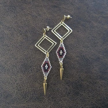 Long seed bead earrings, gold and purple 