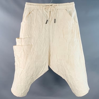 LA HAINE Size L Beige Jacquard Cotton Linen Drop Crotch Cropped Casual Pants
