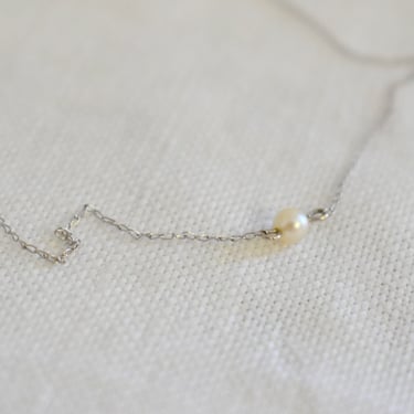 Vintage Delicate Tiny Pearl and 14K White Gold Necklace 