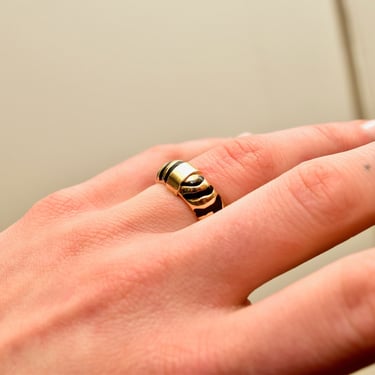 Retro Italian 14K Yellow Gold Black Enamel Zebra Ring, 7.5mm Hollow Gold Band, Striped Enamel Inlay, Polished Gold Accent, Size 7 US 