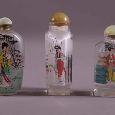 Set of Three Eglomise Reverse Painted Snuff Bottles with Female portraits 
