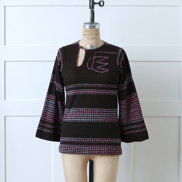 vintage 1970s bell sleeve sweater • hippie boho pullover knit top in dark brown & rainbow stripes 