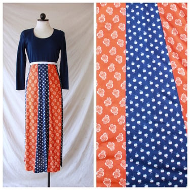 60s 70s Apple Print Psychedelic Neon Orange and Blue Maxi Dress Size S / M 