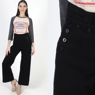 Vintage US Navy Wide Leg Pants, Sailor Button Trousers, WW2 Style Nautical Flares, Waist Size 28 