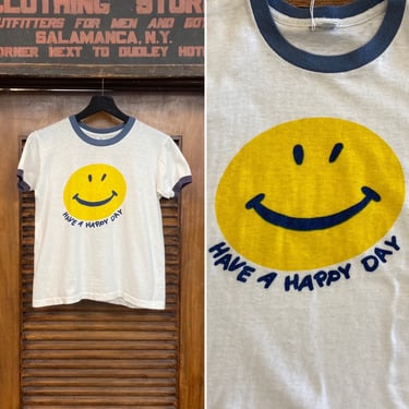 Vintage 1960’s Smiley Face “Have a Happy Day” Ringer Cotton T-Shirt, Original, Hippie, Mod, 60’s Tee Shirt, Vintage Clothing 