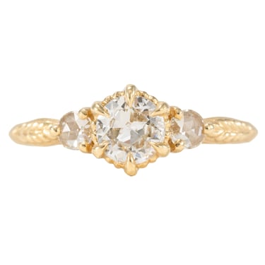 Evergreen 3-Stone Engagement Ring - 18k Yellow Gold, .42 ctw Antique Old Euro Cut Diamond (SI2/F) + Round Rose Cut Diamonds (.13 ctw)