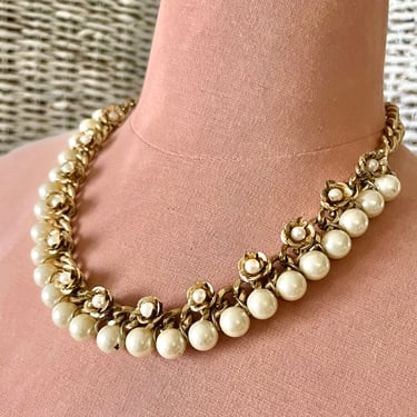 Vintage 90s Statement Necklace, Chunky Chain, Faux Pearls, Sparkly Rhinestone Bling, Sustainable Gift 