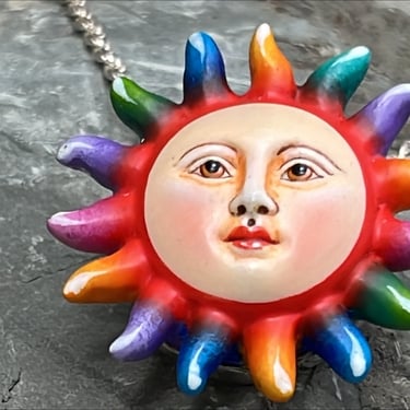 Vintage Sergio Bustamante ~ Mexico Sterling Silver Painted Surreal Colorful Sun Pendant Chain Necklace / Brooch / Pin 