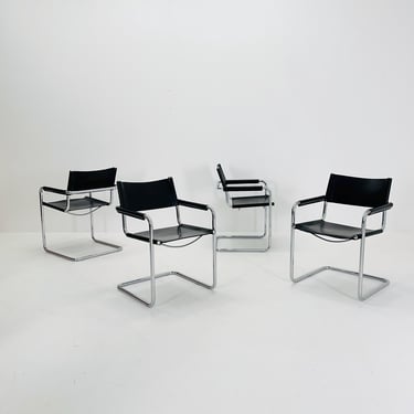 Set of 4 Mid century B34 Matteo Grassi Mg5 black leather cantilever chairs by Mart Stam italy 1980s 