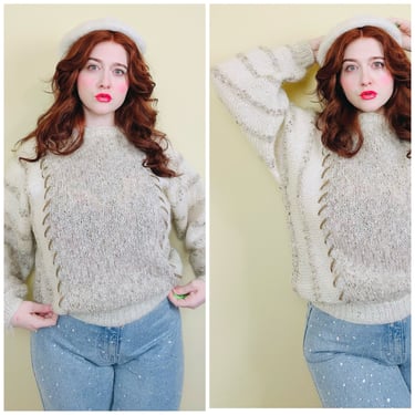1980s Vintage Oatmeal Cream Dolman Sleeve Sweater / 80s Wool Knit Striped Suede Trim Jumper / Large 