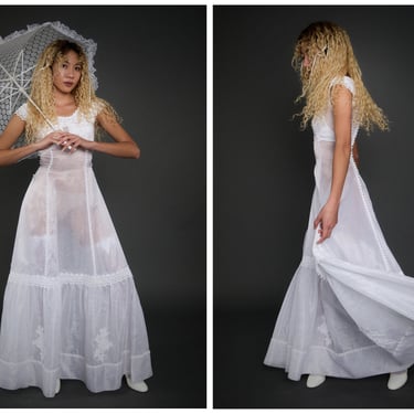 Vintage 1970s 70s does 30s Sheer Full Length Appliqué Floral Gown w/ Sweeping Hemline // Wedding Bridal Engagement Elopement Boho Hippy 
