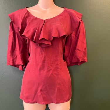 red ruffle poet blouse vintage romantic silk tunic top large 