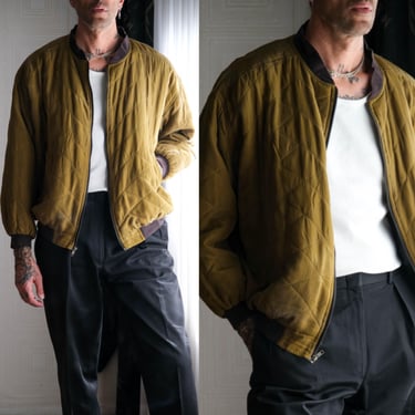 Vintage 90s ROBERT STOCK Olive & Black Quilted Silk Aviation Styled Bomber Jacket | 100% Silk | 1990s Designer Mens Streetwear Jacket 