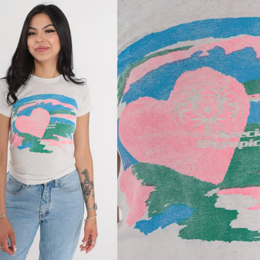 Special Olympics Shirt 90s Summer Games T-Shirt Blue Pink Green Heart Graphic Tee Distressed Burnout Single Stitch White Vintage 1990s XS 