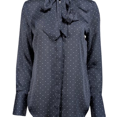 Equipment - Navy Polka Dot Print Satin Tie Neck Blouse Sz S