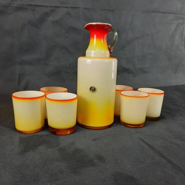 Set of Six Glasses and Pitcher, Blow Glass, Hand Made, Orange and White Opaline Glass, Made in Yugoslavia, Vintage Drinking Set, 1970's 