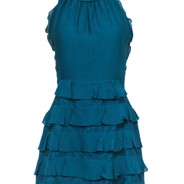 Rebecca Taylor - Teal Silk Mock-Halter Mini Dress w/ Lace & Ruffle Details Sz 8